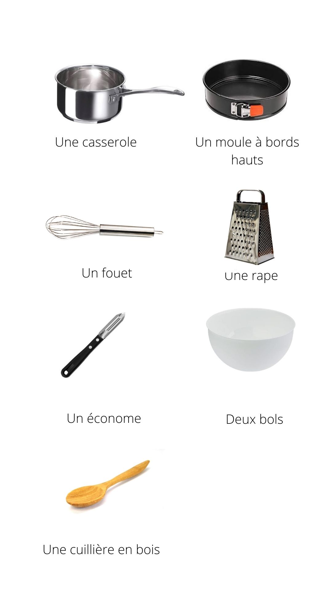 Ustensiles gâteau aux carottes Matériels pour réalisation d'un gâteau aux carottes
