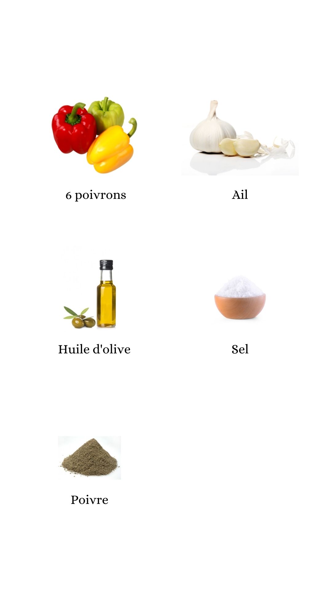 Constituants pour élaborer la recette des poivrons grillés à l'ail